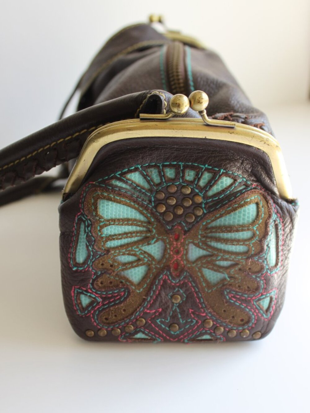 III Parcel Dark Brown Butterfly Handbag - Teal & Pink Embroidered Design 🦋